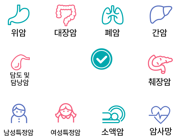 위암, 대장암, 폐암, 간암, 담도 및 담낭암, 췌장암, 남성특정암, 여성특정암, 소액암, 암사망